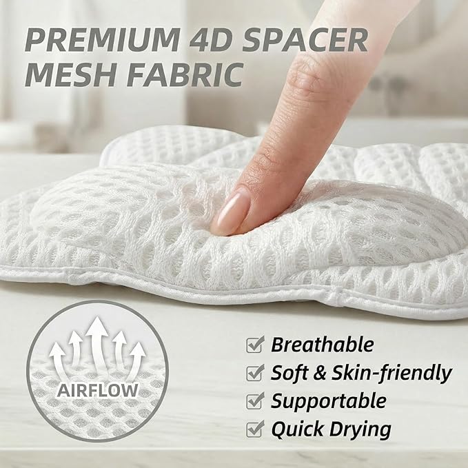 Bath Pillow for Tub, Soft Bathtub Pillow for Neck & Back Support with Breathable Fabric, Non-Slip Suction Cups, Quick-Dry Bathtub Accessory for Home Use