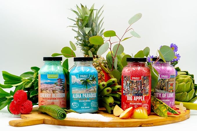 Hot Tub & Spa Aromatherapy Bath Salt Crystal Scents Spazazz Destinations Collection Bundle Aloha Paradise, Big Apple, City of Love, Cherry Blossom - Skin Moisturizer - Will Not Damage Spas & Hot Tubs
