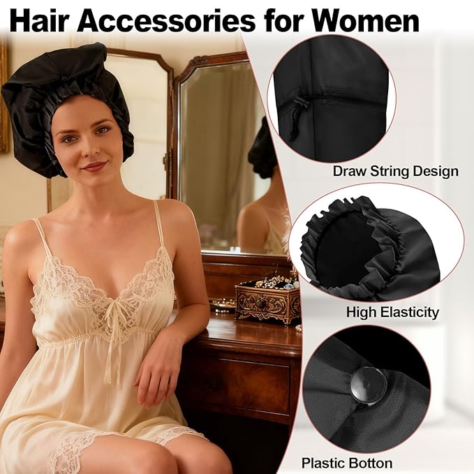 ELEBOX Extra Large Shower Cap for Braids/Curly Hair/Dreadlock | Reusable Waterproof Long Bonnets for Women Bath/Swim/Cooking/Cleaning/Spa | XL Bathing Cap with Adjustable Drawstring & Button, Black