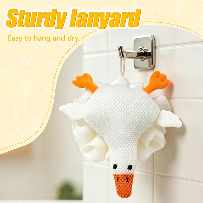 Kids Loofah, Cute Cartoon Animal Kids Bath Sponge with Hanging Rope, Soft Double Mesh for Rich Lather (Big White Goose)