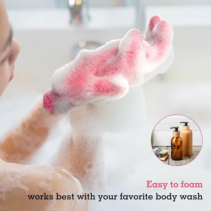 Evridwear Exfoliating Glove Shower Gloves Exfoliate Dead Skin for Dry Sensitive Skin No Irritation with Hanging Loop (Hot Pink Deep Exfoliation)