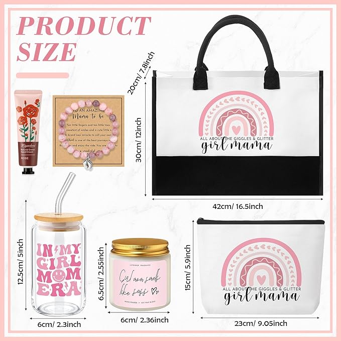 7 Sets Girl Mom Gifts for New Mom Gifts Tote Bag Makeup Bag Candle Bracelet Cup Handcream for Mother Day Women After Birth Pregnancy Gift First Time Expecting New Mommy Essentials