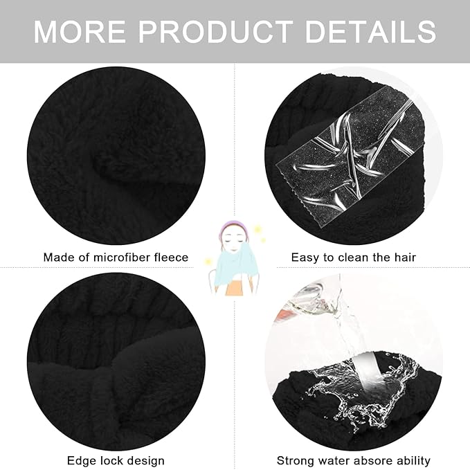 CIEHER 12 PCS Black Makeup Headband for Women Wrist Washband Scrunchies Cuffs for Washing Face, Soft Bow Hair Band Matching Wristbands, Spa Headband Coral Fleece