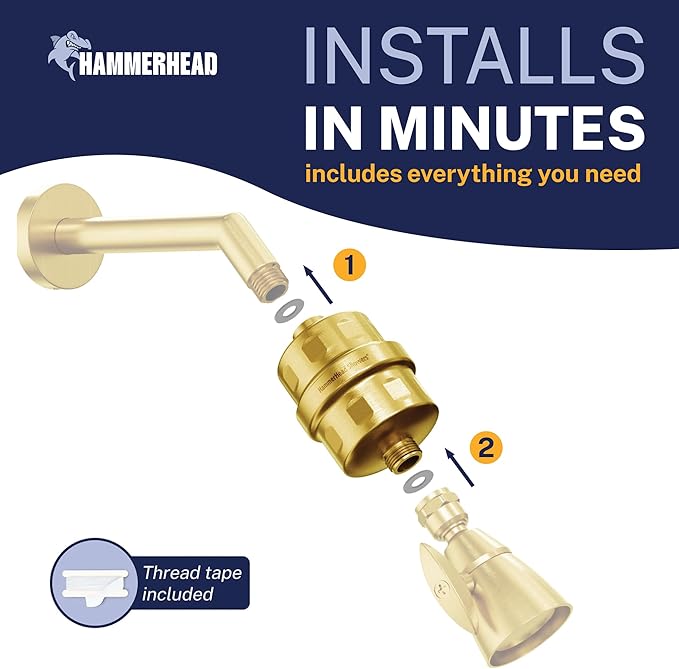 HammerHead Showers® Solid Metal Shower Head Filter – KDF 55 Shower Filter, High Pressure Universal Shower Filters to Remove Toxic Chemicals – Removes Chlorine and Heavy Metals – Brushed Gold