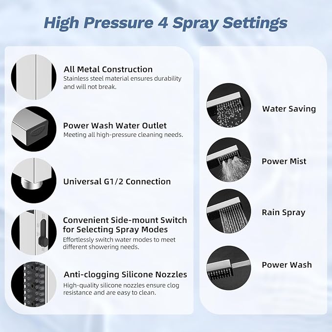 Hibbent Upgraded cUPC Certified 13'' Shower Head Combo, High Pressure 5-spray Rainfall Showerhead, Stainless Steel 4 Modes Handheld Spray, All Metal 4-way Diverter Arm, 71'' Hose & Holder, Chrome