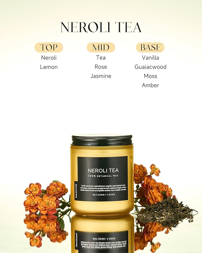 M&SENSE Neroli Tea Scented Candle, 7.05oz Non Toxic Natural Soy Wax, 50 Hours Slow Burning Candle for Women, Slow Burning Home Fragrance Gifts for Stress Relief & Relaxing