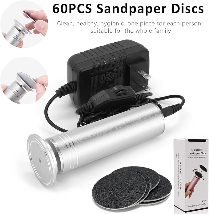 Upgraded Electric Foot Callus Remover 1200rpm, Professional Electric Pedicure Tools Foot Filer Sander for Dead Skin Cracked Heels, Adjustable Speed, 60 Replaceable Sandpaper Discs, FCR-2 Silver