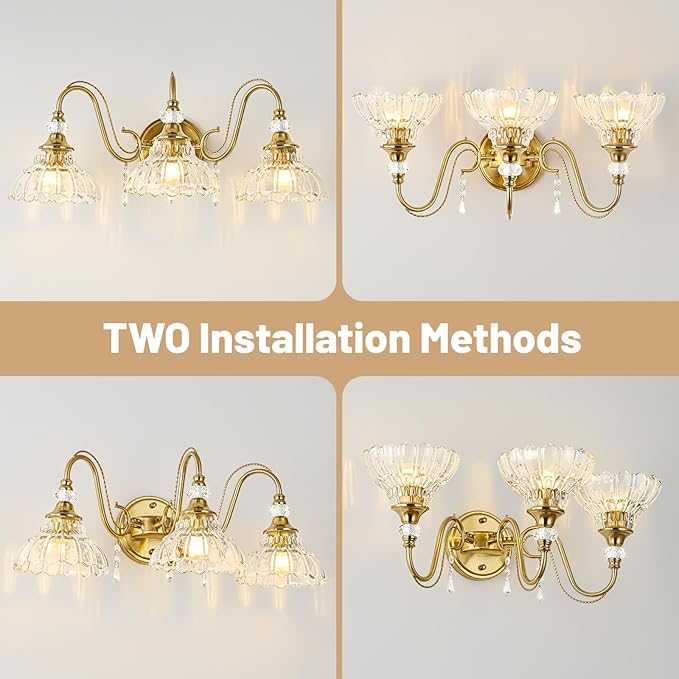 Vintage Bathroom Vanity Light, 3-Light Brushed Gold Finish Wall Sconce with Hanging Crystal Accents and Flower-Shaped Clear Glass Shades, Retro Wall Mount Vanity Light Over Mirror for Bathroom