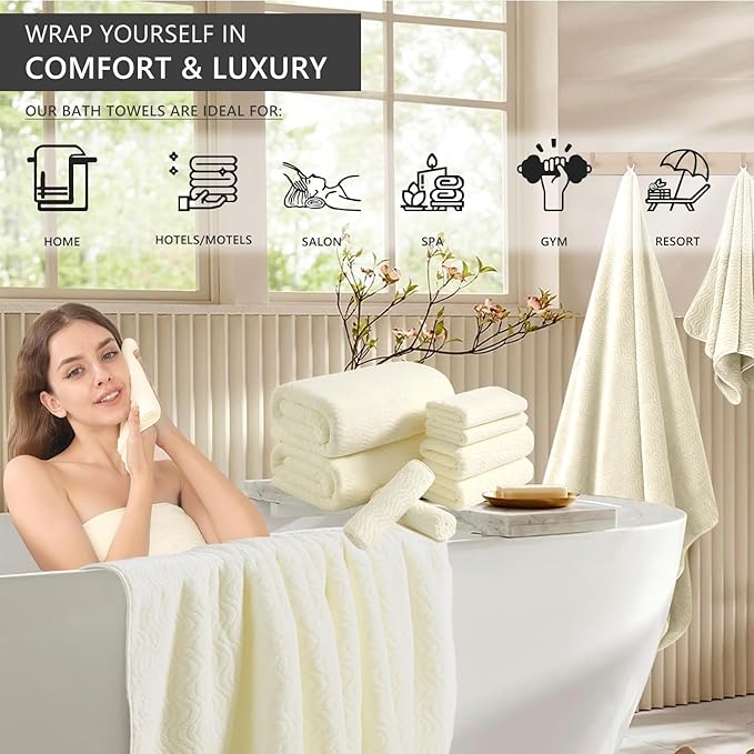 8 Piece Bath Towel Set |2 Oversized Large Bath Sheet,2 Hand Towels,4 Washcloths| Ultra Soft Cozy Bath Towel Set for Bathroom Hotel Gym Spa,Highly Absorbent Quick Dry Bathroom Towel Collections,Cream