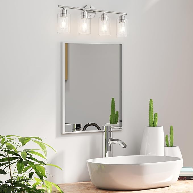 Espird Bathroom Vanity Light Fixtures Brushed Nickel,4 Lights Rustic Farmhouse Vanity Bar Lighting Over Mirror Modern Industrial Wall Sconces Lamp with Cylinder Glass Shade