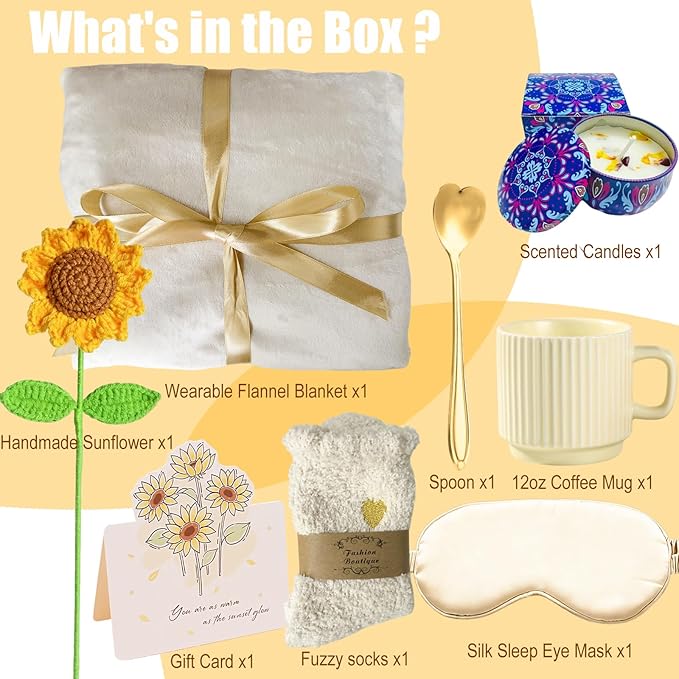 Sunflower Gift Baskets for Women, Self Care Package with Shoulder Wrap, Socks, Candle, Mug & Greeting Card - Birthday, Get Well, Thinking of You Gifts for Mom Wife Best Friend - Light Camel