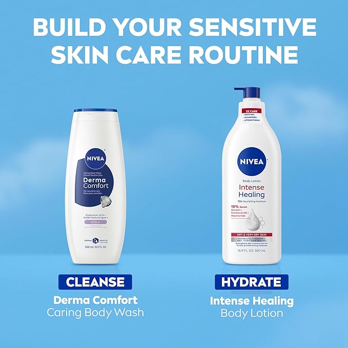 NIVEA Derma Comfort Caring Body Wash for Sensitive Skin, Body Wash with Hyaluronic Acid, Mothers Day Gifts, 16.9 Fl Oz Bottle, Pack of 3