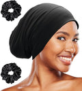 Sleep Cap Bonnet for Sleeping Black Women, Adjustable Cooling Ice Silk Lined Bonnet for Curly Braids Hair Cover Beanie Hat