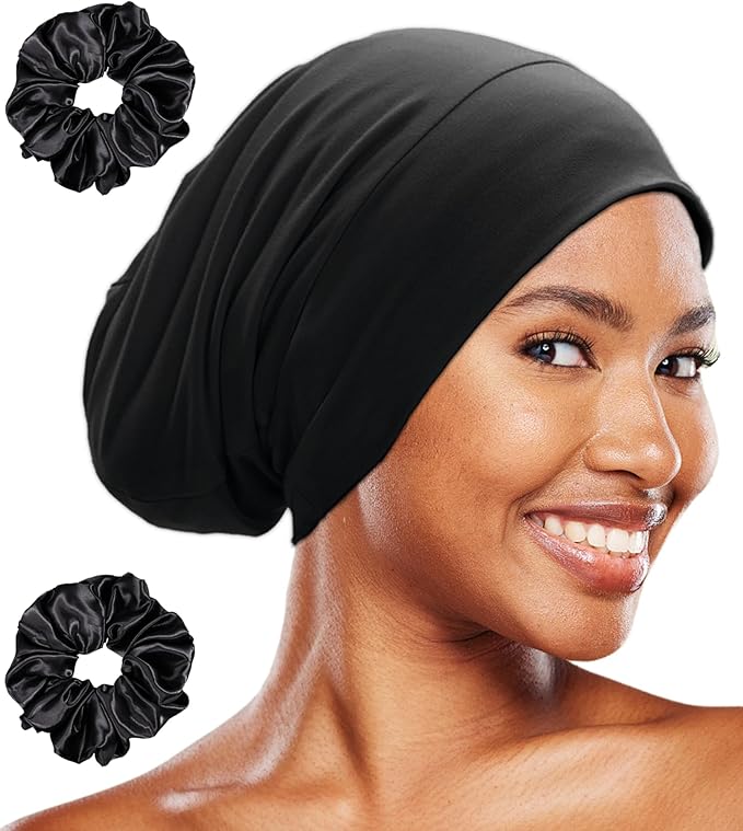 Sleep Cap Bonnet for Sleeping Black Women, Adjustable Cooling Ice Silk Lined Bonnet for Curly Braids Hair Cover Beanie Hat