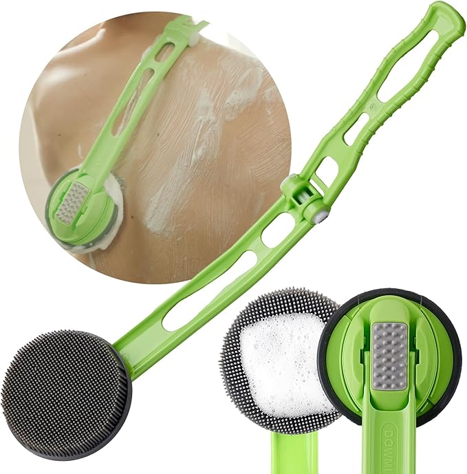 DOWMI Silicone Body Scrubber - 19" Foldable Long Curved Handle for Ultimate Reach and Comfort - Back Shower Scrub Brush - Hygienic and Durable Soft Silicone for Sensitive Skin