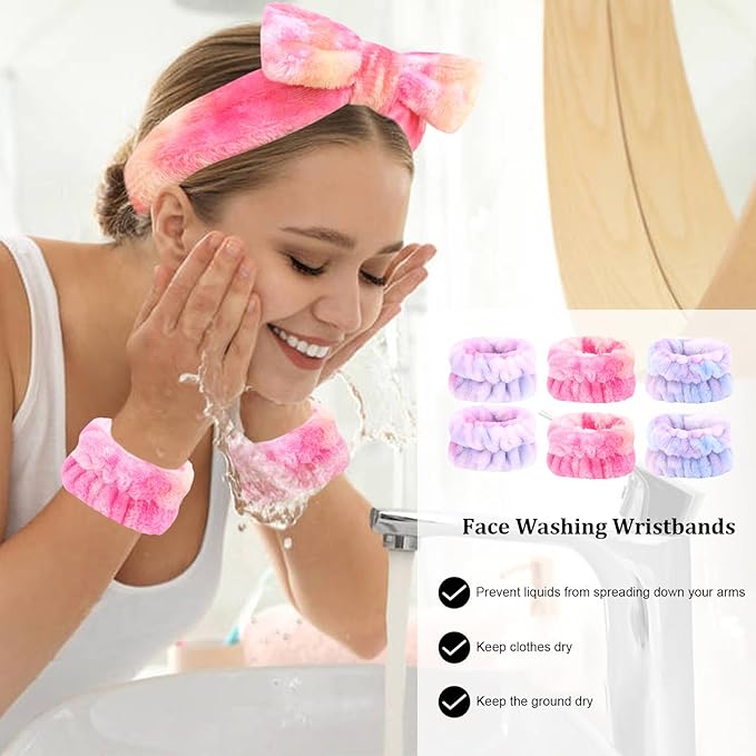CIEHER 12 PCS Makeup Headband for Women Wrist Washband Scrunchies Cuffs for Washing Face, Soft Bow Hair Band Matching WriMakeup Headband for Women stbands (9 Pack Multi-colored)