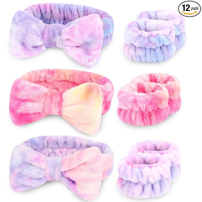 CIEHER 12 PCS Makeup Headband for Women Wrist Washband Scrunchies Cuffs for Washing Face, Soft Bow Hair Band Matching WriMakeup Headband for Women stbands (9 Pack Multi-colored)