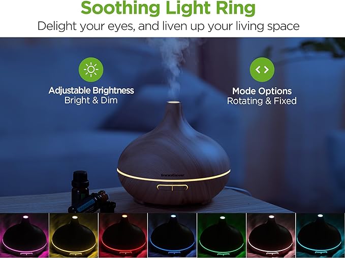 InnoGear Aromatherapy Diffuser & 10 Essential Oils Set, 400ml Diffuser Ultrasonic Diffuser Cool Mist Humidifier with 4 Timers 7 Colors Light Waterless Auto Off for Mother's Gift, Yellow Wood Grain