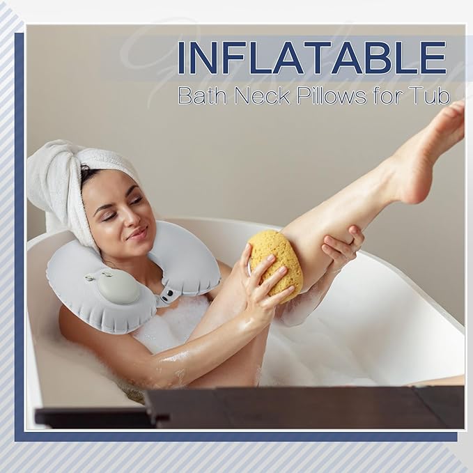 Colingmill 2 Pcs Inflatable Bath Pillows for Tub Bath Head and Neck U Shaped Blow up Full Body Travel Pillow with Adjustable Button Grey and Black Bath Tub Pillows for Airplanes Shower Spa