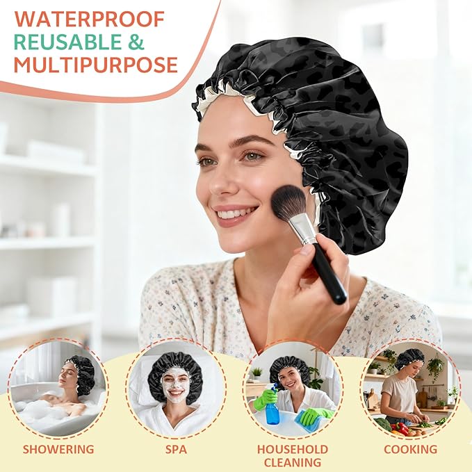 Shower Cap Reusable Double Layer Adjustable Elastic Waterproof EVA Hair Bath Caps for Women Girls Cute Aesthetic-Black Leopard