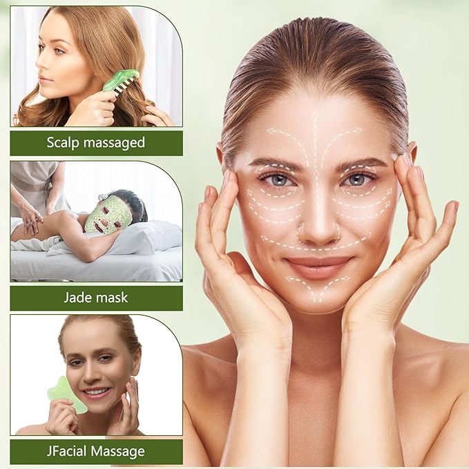 Demissle 4 Pcs Jade Eye Mask Jade Stone Facial Mask Scrap Massage Tool Hair Comb Facial Eye Cooling Stone Massage Tools for Puffy Eyes Dark Circles Gift (Light Green)