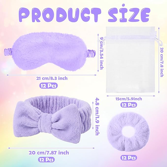 Mimorou 48 Pieces Spa Party Supplies Gift for Mother's Day 12 Spa Headband 12 Plush Sleep Eye Mask 12 Velvet Scrunchies 12 Organza Bags for Sleepover Slumber Party Graduation Gift(Purple)