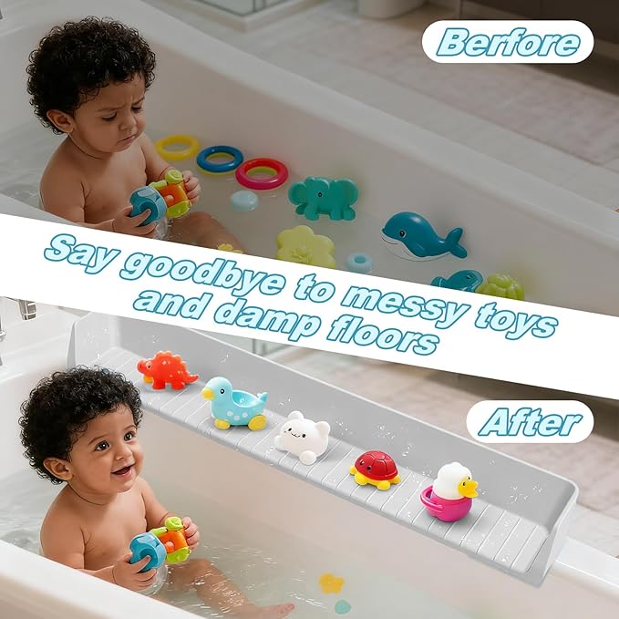 Bathtub Splash Guard for Kids,2.6 FT Silicone Bathtub Play Shelf with 11 Suction Cups, Bath Tub Ledge Shelf for Kids, Prevents Water Spills in Bathroom (Grey)