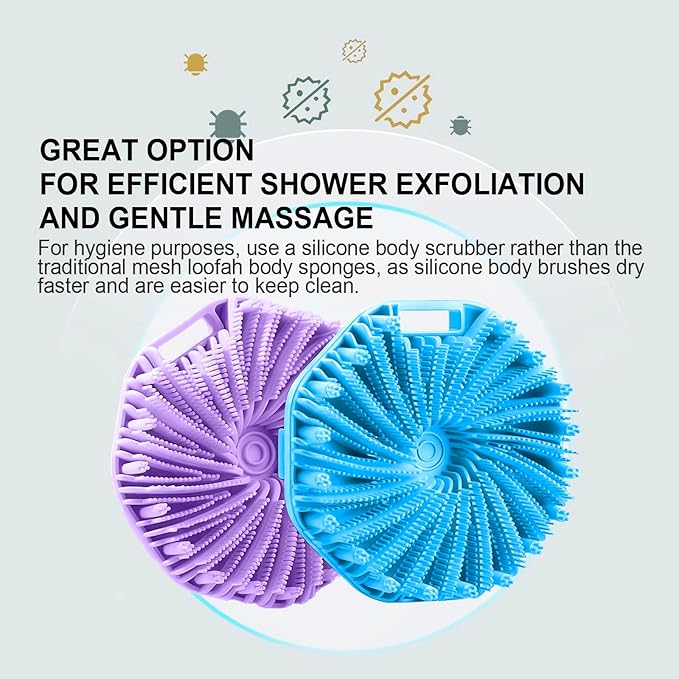 RamPula Silicone Body Scrubber, Silicone Loofah, Quick-Dry Exfoliating Body Brush for Wet or Dry Brushing, More Hygienic Than Traditional Loofah, Medium-Bristle Brush, Blue and Purple