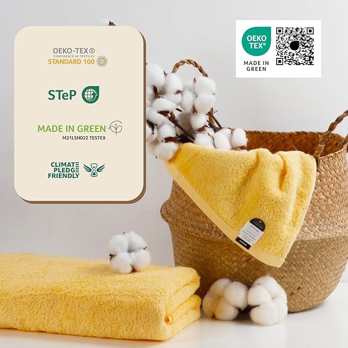 SEMAXE 4 Piece Yellow Bath Towel Set for Bathroom, 100% Cotton Bath Towels with Hanging Loop, 55 x 27 Inch, Soft Absorbent & Quick Dry, for Home