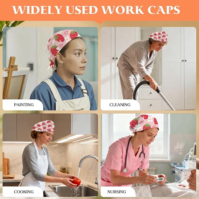 Adjustable Scrub Cap with Buttons & Sweatband, Working Hat with Elastic Tie Back, Unisex Nurse Surgical Caps for Women & Men