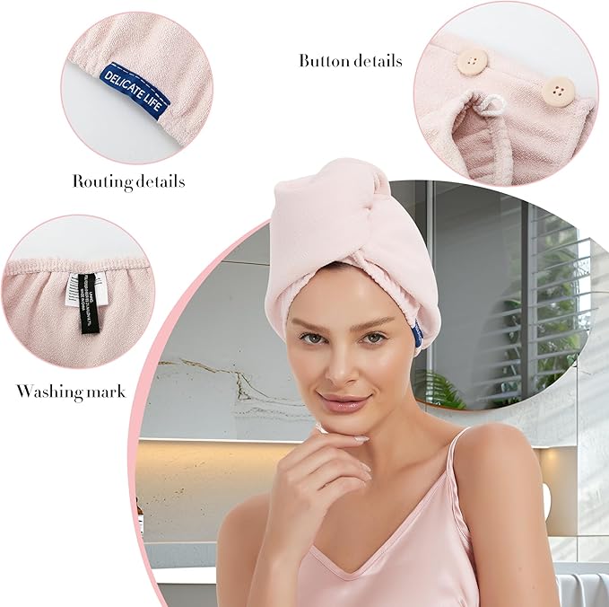 Hair Towel Wrap 2 Pack for Women,Super Absorbent Ant Cloth Fabric Hair Drying Turban Towel, Quick Dry Hair Towels with Buttons for Long Wet Curly Hair. (Pink)