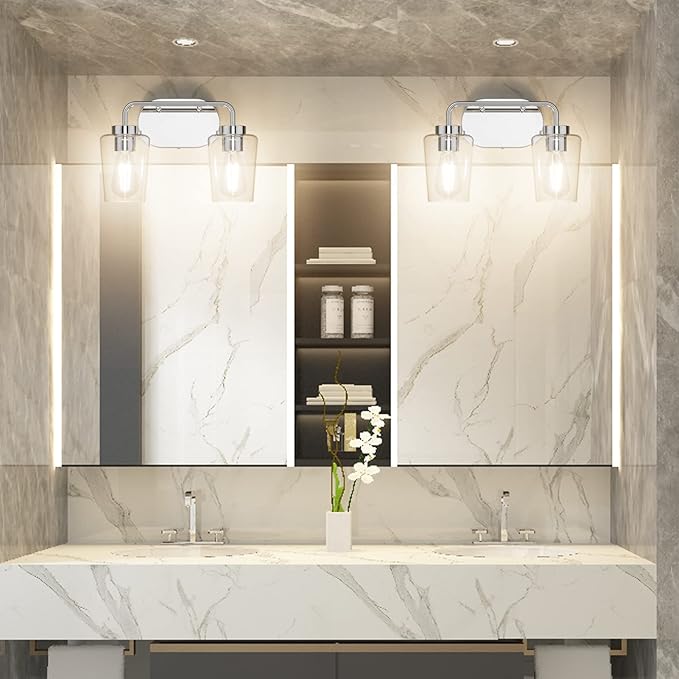 Tipace Chrome Vintage Bathroom Vanity Light,2 Lights Modern Stainless Steel with Clear Glass Bathroom Light Fixtures Industrial Wall Mount Lighting Sconce(Exclude Bulb)