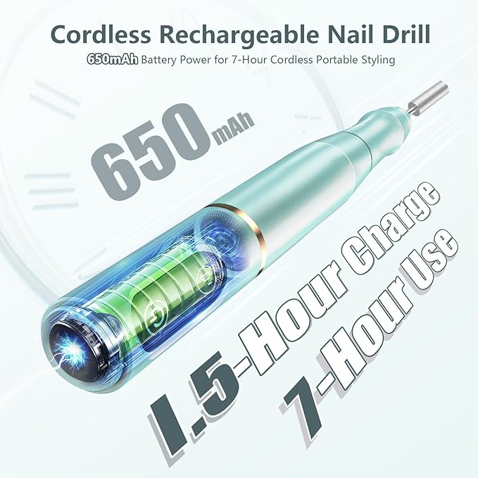 TUOBEO Cordless Nail Drill Electric Rechargeable File Kit, Professional Efile Acrylic Gel Nail Polish Remover Pedicure Manicure Machine Portable Set with 11 Bits 56 Sanding Bands for Salon Mint Green