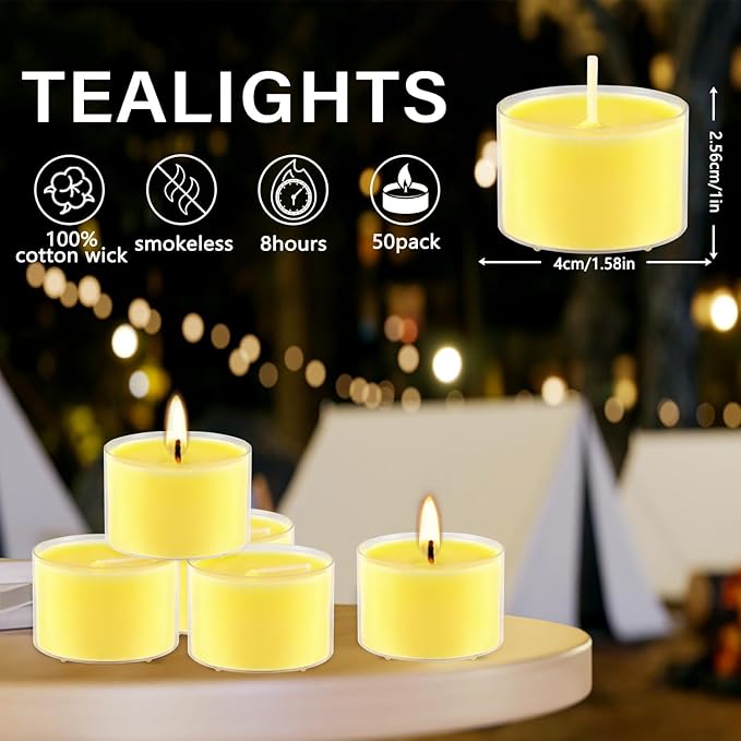 50 Pack Clear Tea Lights Candles Bulk, Summer Citronella Candle Outdoor and Indoor, for Birthday Emergency Home Garden(8 Hour, Yellow)
