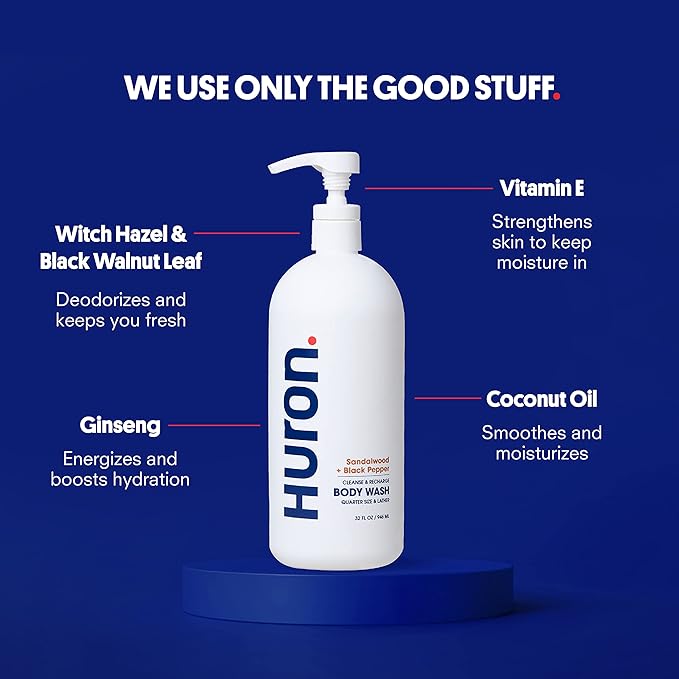 Huron Body Wash for Men and Women, Hydrating Daily Cleanser with Sandalwood + Amber Scent, Moisturizing Shower Gel, non-toxic, Phthalate-Free Clean Ingredients for Men, 30.3 Fl Oz