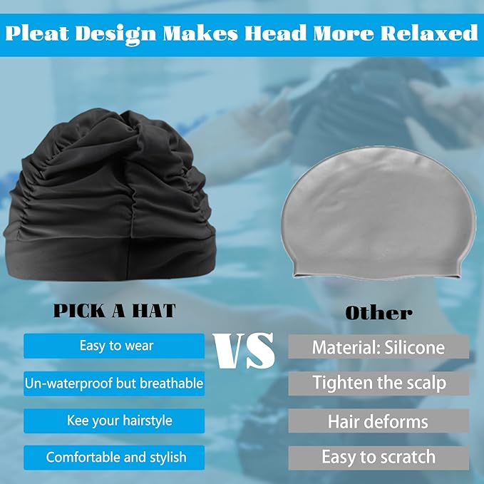 Swim Caps for Women Swimming,1 Pcs Fabric Nylon Cloth Swim Cap, Comfort Pleated Swimming Cap for Long Hair, Not Waterproof Elastic Bathing Caps, Swim Hat Keep Hairstyle Unchanged