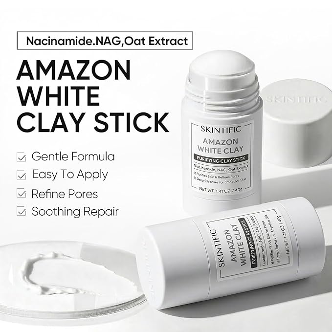 SKINTIFIC Amazonian White Clay Purifying Stick, Deep Clean Pores Mud Mask with Volcanic Soil, Pore Minimizer, Gentle Exfoliating, Refines Pores, Smoothing Skin, Non-Drying, Skincare Facial Mask
