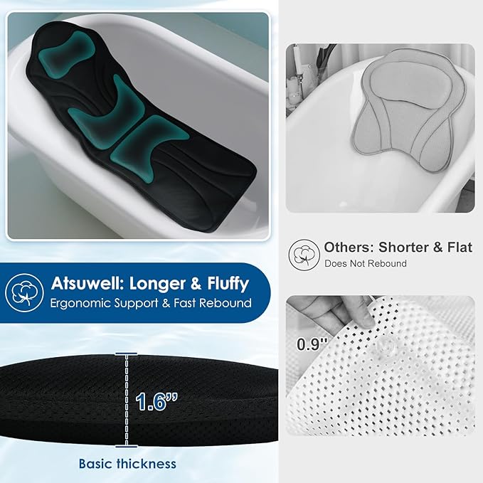 Atsuwell Full Body Bath Pillow for Bathtub, Ergonomic Bathtub Cushion for Neck, Waist, Hip Support, Luxury 3D Mesh Shower Pillow with Non-Slip Suction Cups & Dual Hooks, Pressure Relief, 51'' x17''