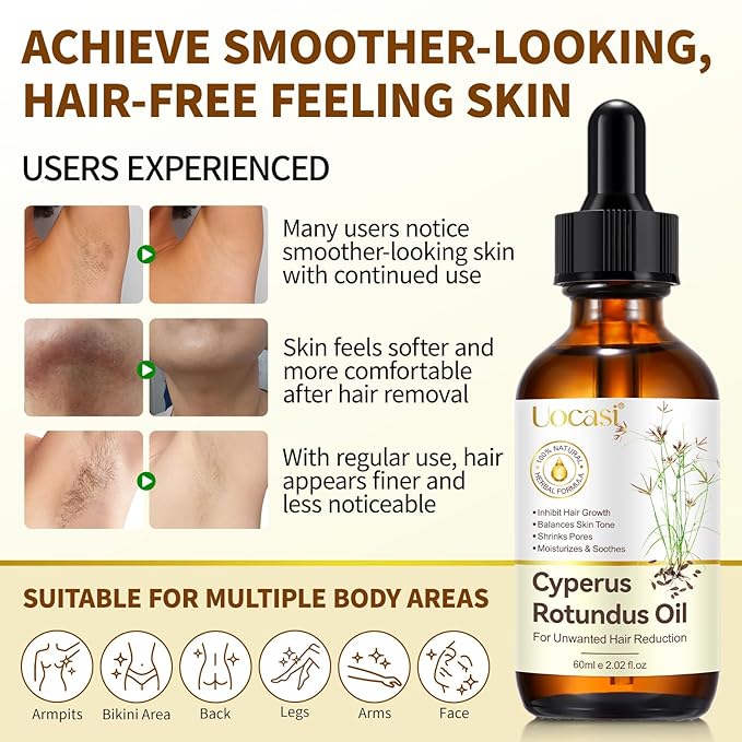 Uocasi Cyperus Rotundus Oil, Cypress Rotundus Oil for Hair Removal, Natural Inhibitor to Reduce Unwanted Hair Growth, Soothes Skin & Minimizes Pores, All Skin Types, 2.02 Oz