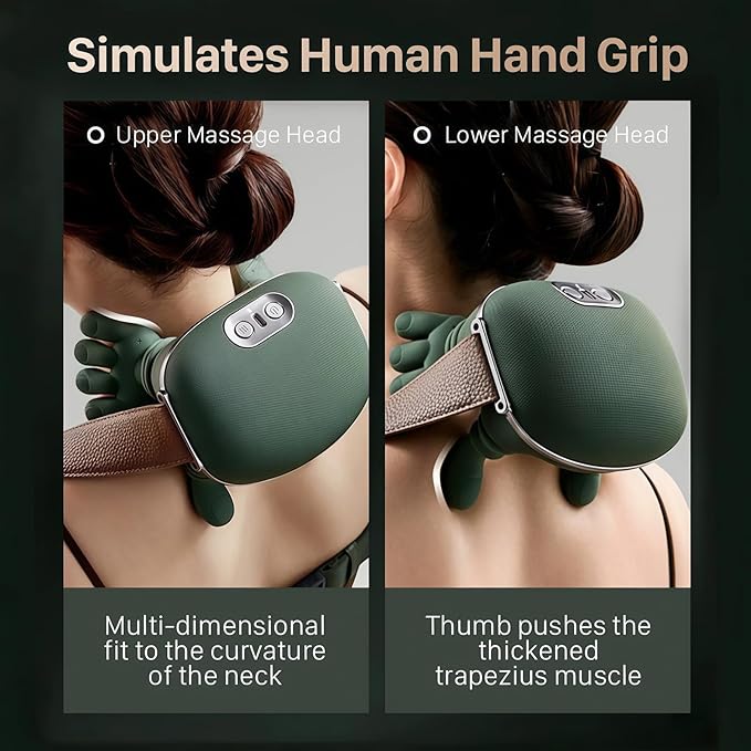Bionic Neck and Shoulder Massager with Heat, 4D Deep Tissue Shiatsu Massage Tool, Simulated Human Hand Kneading for Cervical Pain Relief, Portable Cordless Rechargeable Relax Gift (Green)