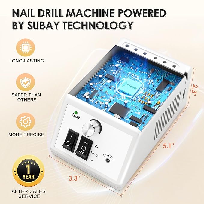 SUBAY Professional Finger Toe Nail Care Electric Nail Drill Machine Manicure Pedicure Kit Electric Nail Art File Drill with 1 Pack of Sanding Bands, White