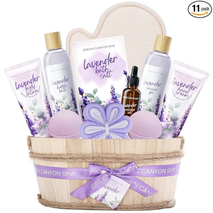 Spa Gift Baskets for Women - Lavender Bath Gift Sets- 11pcs with Bubble Bath, Shower Gel, Body Lotion, Bath Bombs, Essential Oil, Mothers Day Birthday Gifts Idea