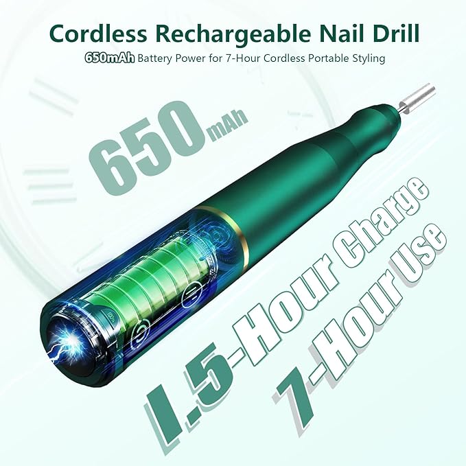 TUOBEO Cordless Nail Drill Electric Rechargeable File Kit, Professional Efile Acrylic Gel Nail Polish Remover Pedicure Manicure Machine Portable Set with 11 Bits 56 Sanding Bands Salon Blackish Green