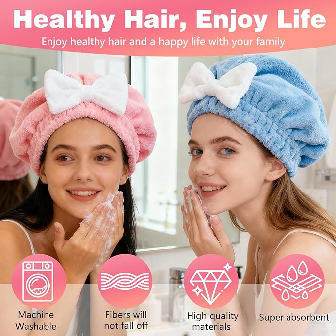 4Pcs Super Absorbent Hair Towel Wrap for Wet Hair, Microfiber Hair Towel Wrap Quick-Drying Thickened Hair Towels, Soft Bow Tie Wet Hair Towels Wrap for Women Girls (Pink+Blue+Yellow+Red)