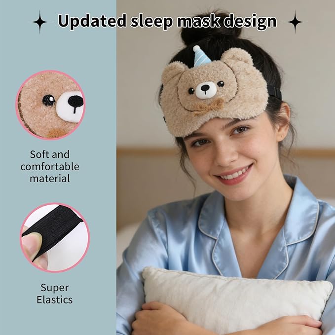PERFECTSIGHT Sleep Eye Masks, Cute Sleep Eye Cover Lightweight Adjustable Eyeshade Mask Cover for Women Men Sleep Travel Nap, Cake Bear