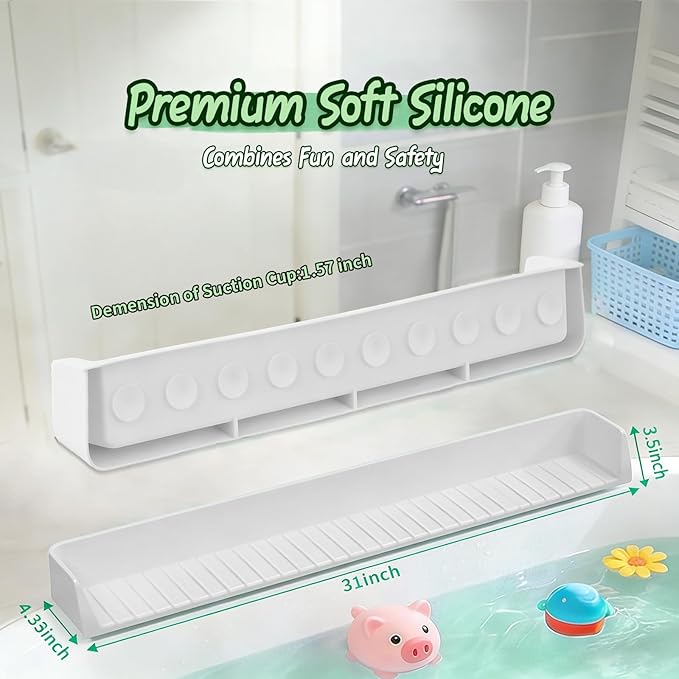 Bathtub splash guard for tub kids& Bath Shelf for Kids – Toddler Bath Tray, Bath Toys Storage & Ledge Organizer – Splash Guard for Bathtub with Suction Cups – Kids Bathroom Accessories(2.6FT, Grey)