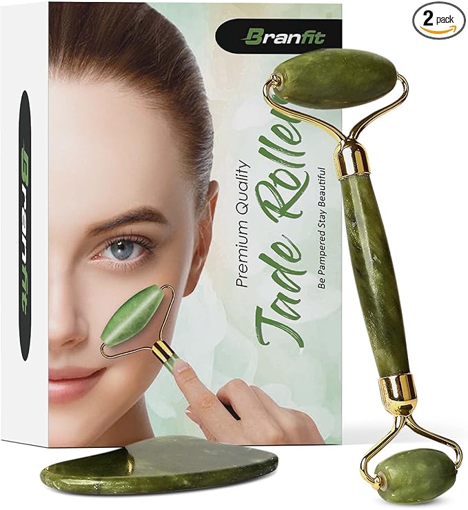 Gua Sha Massage Tool Jade Roller Skin Care Kit by Branfit, 100% Natural Jade Roller Beauty Product for Anti-Aging & Anti-Wrinkle Treatment, Massager Wand for Neck and Puffy Eye Area