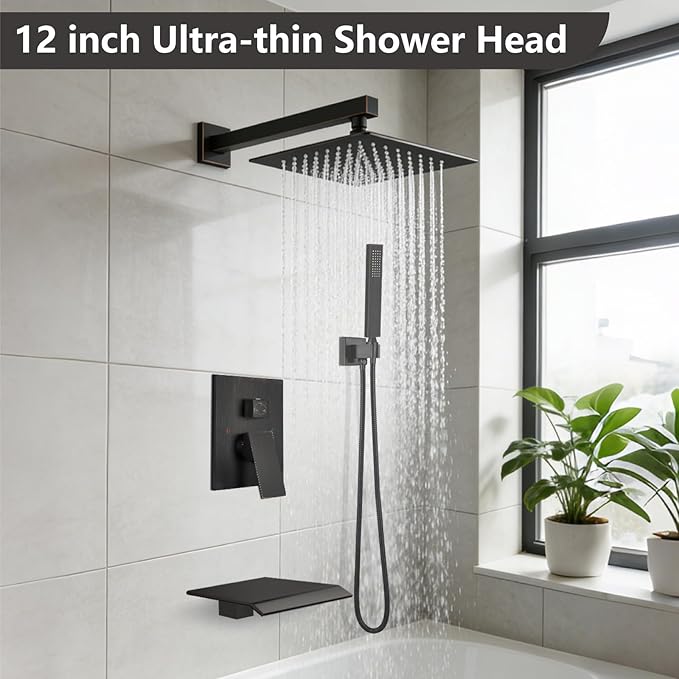 Midanya Shower System with Tub Spout,Bathtub Shower Faucet Set with Square Rainfall Head and Handheld Sprayer Wall Mount Tub Faucet Set with Valve and Trim Kit,12 Inch Oil Rubbed Bronze