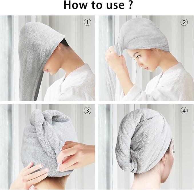 2 Pack Microfiber Hair Towel Wrap for Women Super Absorbent Quick Dry Hair Turban for Drying Curly, Long & Thick Hair 10 inch X 26 inch Lightgrey+Lightgrey