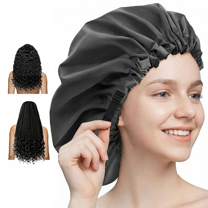 Aquior Shower Cap for Women, Extra Adjustable Shower Caps for Women Double-Layer Waterproof Reusable Hair Cap, Large Size Hair Cap for All Hair,for Girls Spa Bath,Soft and Comfortable (Back)